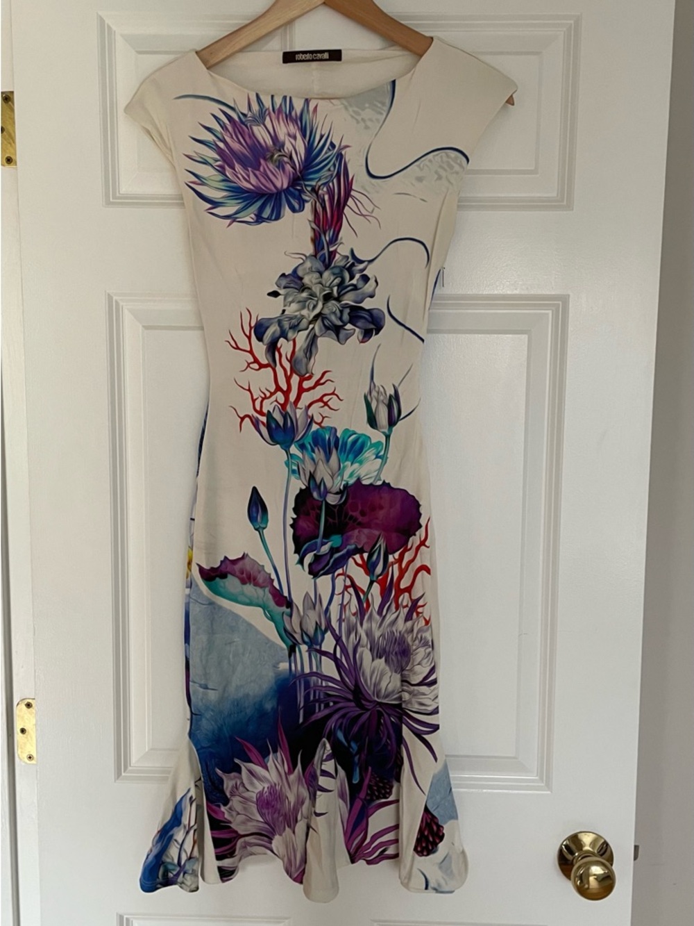 Roberto Cavalli Ivory Midi Dress with Purple and Blue Floral Print